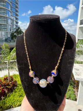 925 Silver  Blue Venetian Murano Glass Beaded Necklace, Gold Tone, LINEA Italy